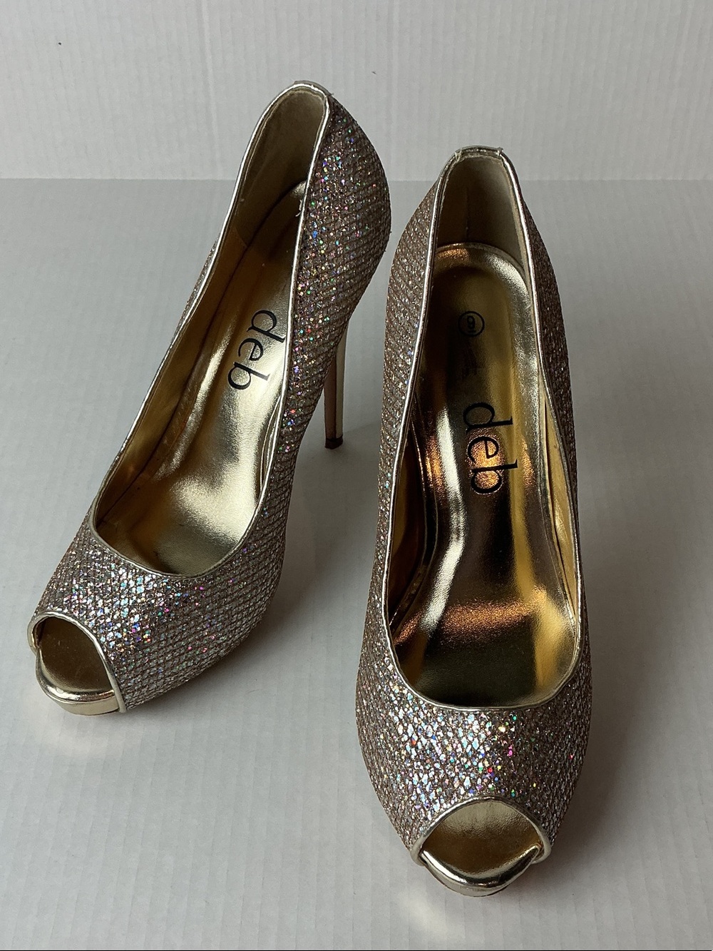 Deb Glitter Peep-Toe Stilettos in Champagne and Gold Sz 9